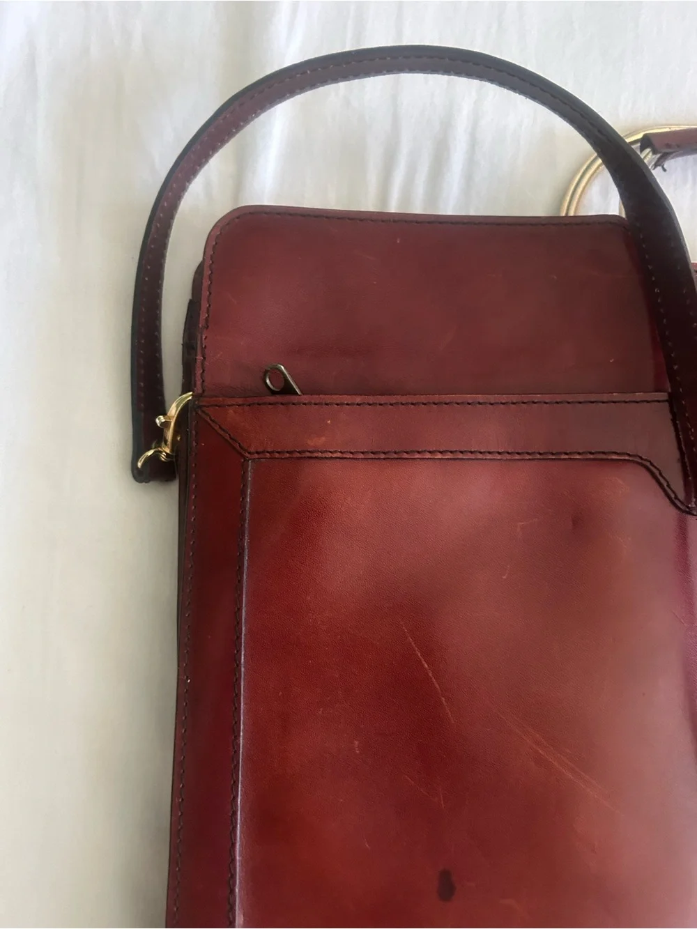 VINTAGE Leather Satchel Bag with Gold Handle - Brown